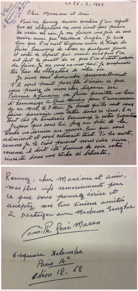 Lettre de Camille Maran au président Senghor, le 26/02/1963