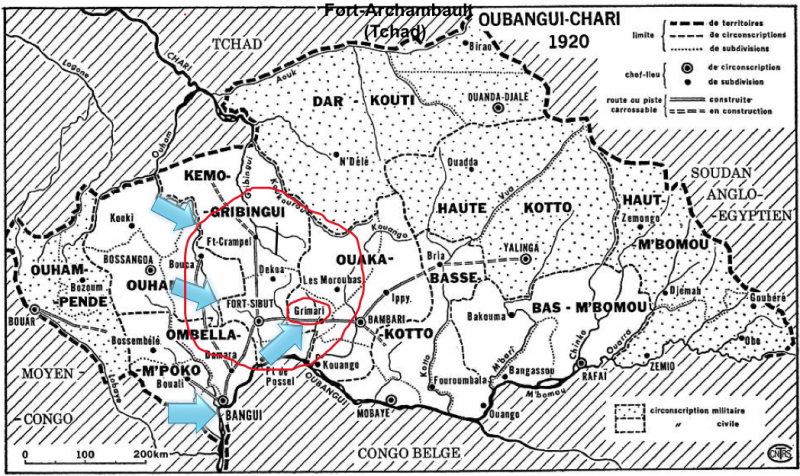 Figure 1. Carte de l’Oubangui-Chari en 1920 (Centrafrique) montrant les régions où Maran a travaillé et où le roman se déroule 