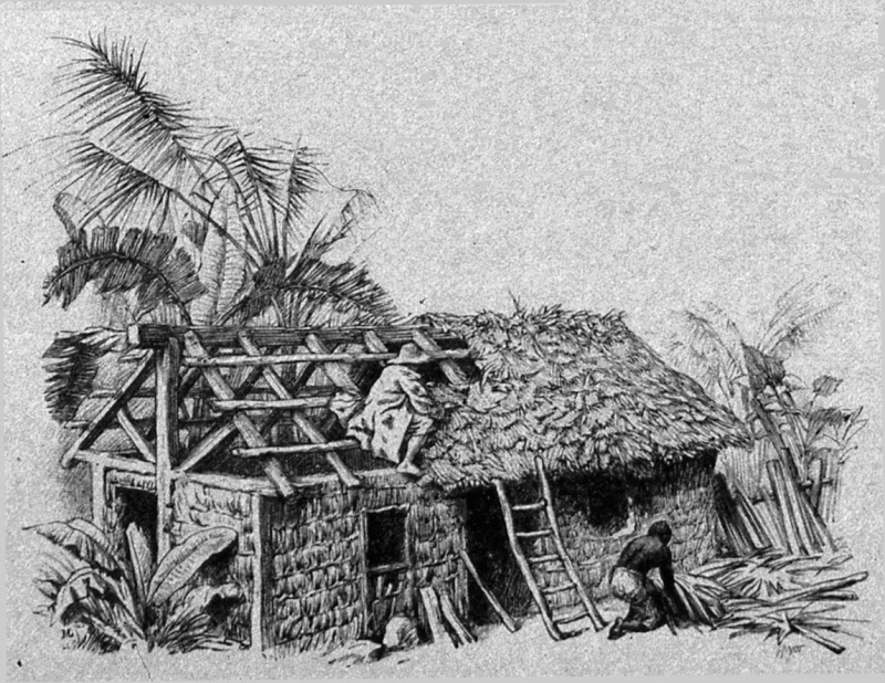 Construction d’une case. (Gravure pour illustrer Paul et Virginie vers 1815. Coll. V.H.B.)