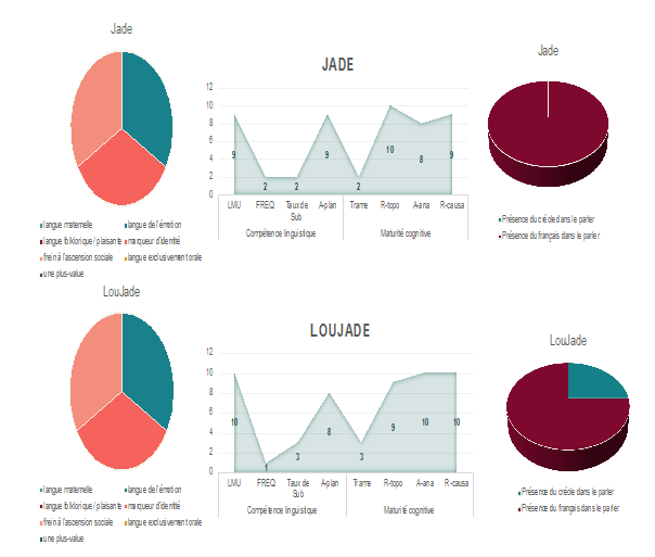 Figure 15. Corrélations entre les portraits linguistiques individuels et les bilans de compétences des élèves Jade et Lou-Jade