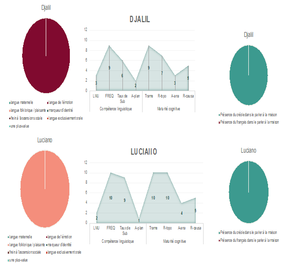 Figure 16. Corrélations entre les portraits linguistiques individuels et les bilans de compétences des élèves Djalil et Luciano