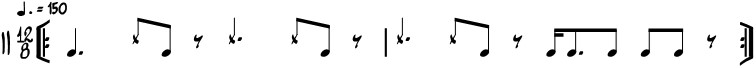 Figure 2 : Break rythmique interprété par « Les Tambours Sacrés de La Réunion » avec une alternance non habituelle des frappes vives et faibles des baguettes du tambour malbar